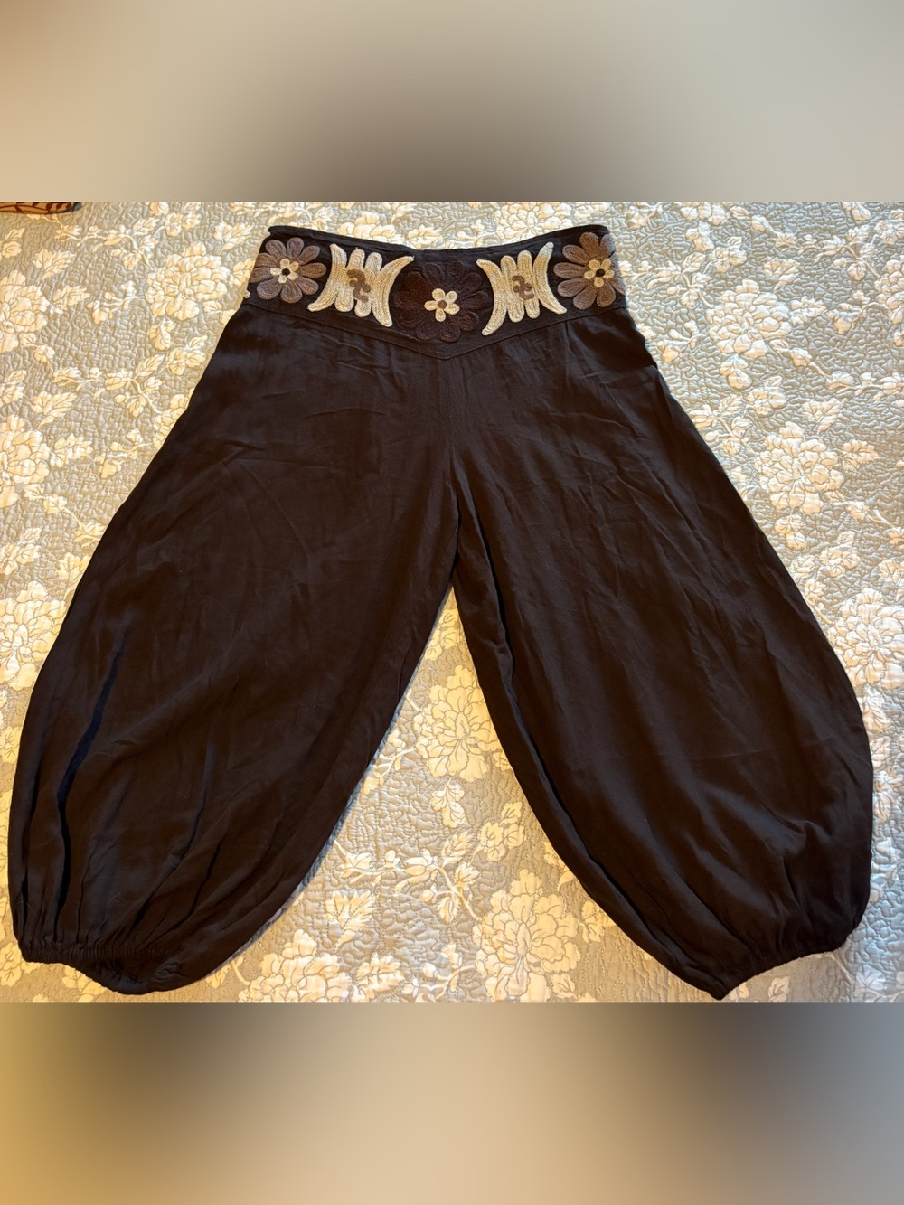 YOA Brown Rayon KneeLength Harem Pant w Intricate Embroidery - Elastic Back M-L